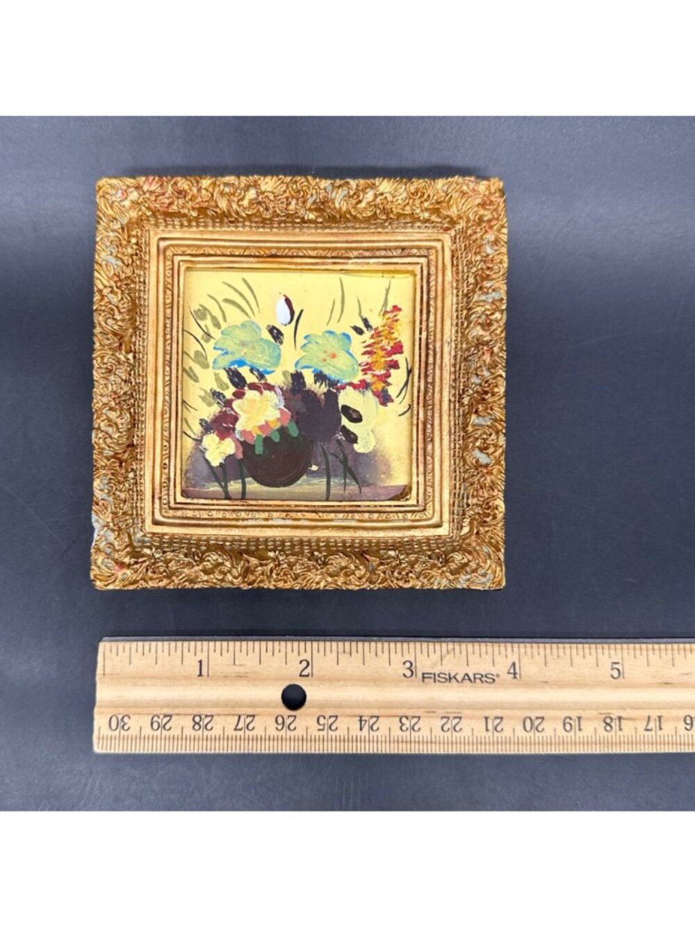 Vintage Miniature Floral Painting Ornate Gold Frame Wall Hanging Blue Flowers - Picture 9 of 10